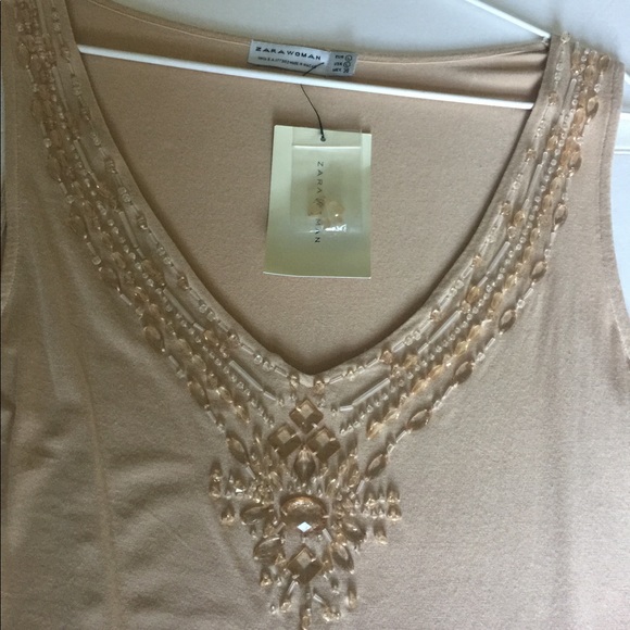Zara natural Tan color Tank Top sexy deep V neck with shiny beadings US M - Picture 8 of 13